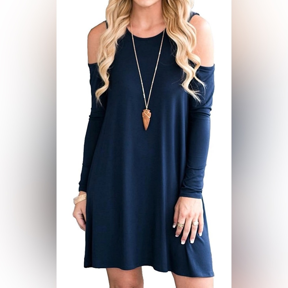 Blue Cold Shoulder‎ Dress with Pockets